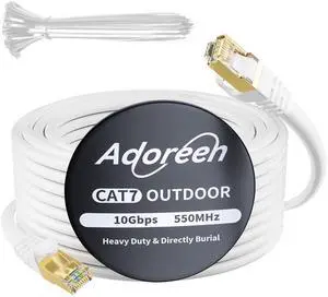 Adoreen Cat 6E Cat 7 Outdoor Ethernet Cable 100 FT White, High Speed Shielded Network Cable, S/FTP, POE, 26AWG OFC, Heavy-Duty Waterproof Direct Burial Cat 6A Internet Cable RJ45 LAN Cord+Ties-WH