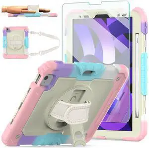 Ambison Case for iPad Air 5th/4th Generation (2022/2020) 10.9-inch, [Shockproof] Full Body Protective Case with 9H Tempered Glass Screen Protector, Rotatable Kickstand & Hand Strap (Light Pink)