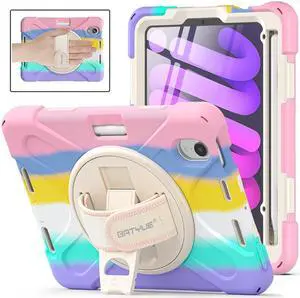 BATYUE Case for iPad mini 7th (A17 Pro) 2024, iPad mini 6th Gen 8.3'' 2021, Shockproof Cover with 360 Rotating Hand Strap, Kickstand, Shoulder Strap, Pencil Holder (Colourful Pink)