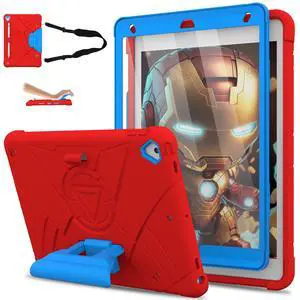 Andnary Case for iPad 9th/8th/7th Generation 10.2 inch, Heavy Shockproof Cover with 180° Rotating Handle/Screen Protector/Bracket/Pen Holder/Shoulder Strap, Kid Case for 2021/2020/2019 (D-Red+Blue)