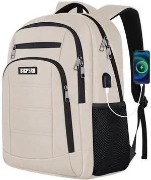 Beige Backpack for Women, School Backpack for Girls Teens Boys , Work Business Back pack with USB Charging Port,Water Resistant College Computer Bookbag Fits 15.6 Inch Laptop,Back Pack,Mochilas