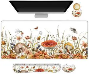 ARTSO Large Gaming Mouse Pad, Keyboard Wrist Rest Pad & Wrist Support Mousepad Set, Stitched Edge, Extended, Non-Slip Base, Memory Foam Desk Mat for Office, Home, Mushroom Plants