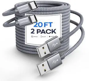 Long USB C Cable 20FT [2-Pack] Extra Long USB C Charging Cable |Durable Double Nylon Braided| USB A to USB C Fast Charger Cord Compatible With Macbook/iphone 15 Pro Max/Galaxy S24/S24+/S24 Ultra,Gray