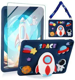 ACEMO for iPad 10th Generation Case 10.9 inch 2022 with Screen Protector, Kickstand, Shoulder Strap Cute Rocket Silicone Protective Cover for Kids Girls for iPad 10th Gen 2022, Blue