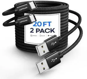 Long USB C Cable [2-Pack] 20Ft USB C Cable |Durable Double Braided Nylon| USB A to USB C Cable Fast Charging Cord Compatible with iPhone 15 Pro Max Samsung Galaxy Moto LG & More USB-C Devices