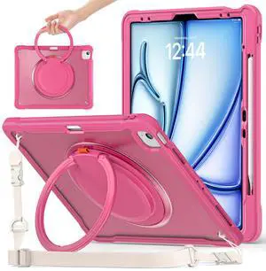 ACEMO for iPad Air 13 inch Case M3/M2 iPad Pro 12.9 case 6th 5th 4th 3rd Generation with 360° Rotating Kickstand Handle, Shoulder Strap, Pencil Holder, Rugged Cover for iPad Air 13 2025 2024, Rose Red