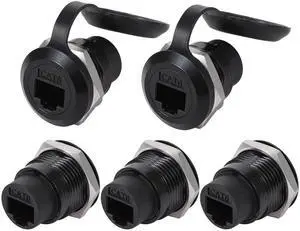 ANMBEST 5PCS RJ45 Panel Mount Connector, Cat6 8P8C Ethernet LAN Pass Through Cable Coupler Female to Female Extension Adapter with Waterproof/Dust Cap