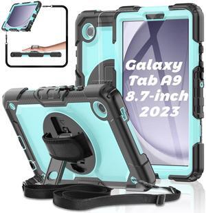 BASE MALL Case for Samsung Galaxy Tab A9 Tablet Case 8.7 inch 2023 [with Tempered Glass Screen Protector], Rotating Kickstand/S Pen Holder/Shoulder & Hand Strap (SkyBlue)