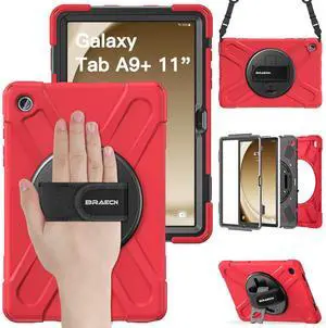 BRAECN for Samsung Galaxy Tab A9 Plus 11 Inch Kids Case 2023, Heavy Duty Silicone Case with Screen Protector & 360 Rotating Hand Strap&Stand/Shoulder Strap for Galaxy A9 Plus 11" - Red