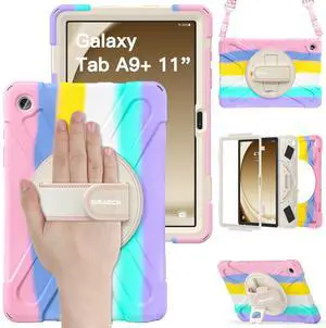 BRAECN for Samsung Galaxy Tab A9 Plus Case 11 Inch 2023, Hard Duty Kids Case with Screen Protector &360 Rotating Hand Strap&Stand +Shoulder Strap for Galaxy A9 Plus Tablet - Rainbow