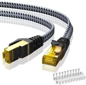 ARISKEEN Cat 8 Ethernet Cable 60 FT, 40Gbps 2000Mhz High Speed Cat8 Network LAN Patch Cord, Nylon Braided Heavy Duty Shielded RJ45 Flat Internet Cable with Clips for Indoor Outdoor - 60 Feet (Grey)