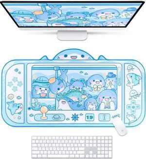 BelugaDesign Shark Desk Pad | Cute Pastel Large Mouse Pad | Cutecore Ocean Switch Anime Keyboard Gaming Mousepad | Machine Washable Nonslip Desk Blotter Protector for Kids Teens and Women (Blue White)