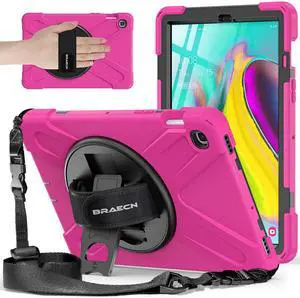 BRAECNstock for Samsung Galaxy Tab S5e Case 10.5 inch 2019 (SM-T720/T725/T727) Shockproof Protective Galaxy Tab S5e Kids Cover with Screen Protector Rotating Stand & Hand Strap Pen Holder - Rose Red