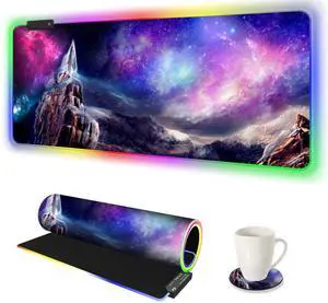 ARTSO RGB Gaming Mouse Pad, Large Extended Soft Led Mouse Pad with 14 Lighting Modes 2 Brightness, Water Resist Keyboard Pad, Computer Mousepads Mat 35.4x15.7inch, Starry Mountains