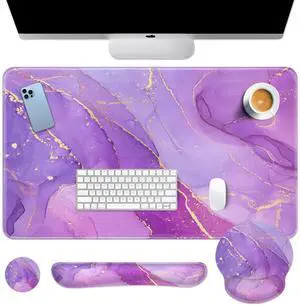 Britown Desk Mat, Painting Golden Purple Marble Mouse Pad Set 4-in-1 Large Mousepad+Keyboard Wrist Rest+Mouse Wrist Rest+Coaster with Ergonomic Design, Non-Slip Mat