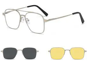AUSQUQI 3in1 Magnetic Clip On Night Vision Anti-Blue Light Sunglasses For Men And Women Polarized UV Protection Double Bridge Metal Prescription Glasses Stylish Eyewear For Drivers(SILVER)