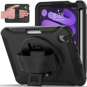 BATYUE Case for iPad Mini 7 (A17 Pro) 2024/ iPad Mini 6 (A15 Bionic) 2021 8.3 inch, Shockproof Protective Rugged Case with Apple Pencil Charging Pencil Holder/ 360deg Swivel Stand/Hand Strap - Black