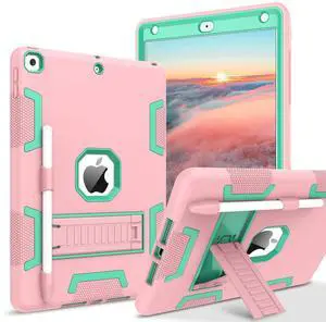 BENTOBEN for iPad 9th Generation Case, iPad 8th/7th Gen Case, iPad 10.2 2021/2020/2019 Case, 3 in 1 Heavy Duty Rugged Kickstand Protective Cover with Pen Holder for Girl Women, Rose Gold/Green