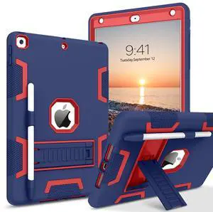 BENTOBEN iPad 9th Generation Case, 3 in 1 Heavy Duty Rugged Shockproof Kickstand Hybrid Protective Cover with Pen Holder, Navy Blue/Red