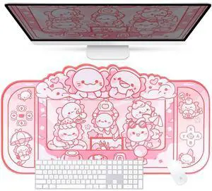 BelugaDesign Axolotl Desk Mat | Kawaii Cute Anime Cartoon Keyboard PC Laptop Pastel Large Gaming Setup Accessories Mouse Pad | Machine Washable Nonslip Rubber Base Desk Blotter Protector (Pink White)