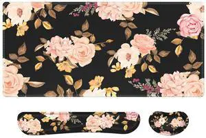 Anyshock XXL Desk Mat Large, Floral Mouse Pad with Wrist Rest, Keyboard Wrist Rest, 3 in1 Desk Pad Matt Set, Gaming Mousepad with Wrist Support, Computer Mat for Desktop Office Women Laptop,Black Pink