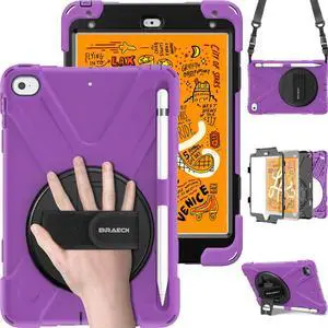 BRAECN for iPad Mini 5th Generation Case Kids, Rugged Hybrid Protective Case with Shoulder Strap,Hand Strap,Kickstand and Pencil Holder for iPad Mini 5/Mini 4 7.9 Inch-Purple