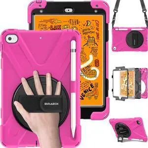 BRAECN for iPad Mini 5 Case,iPad Mini 4 Case 9.7 inch with 360 Rotating Handle Strap/Kickstand,Shoulder Strap,Built-in Pencil Holder Case for iPad Mini 5th/4th Generation -Rose
