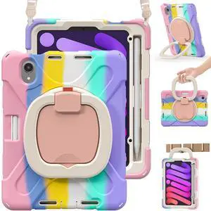 BRAECN Kids Case for iPad mini 7 (A17 Pro) 2024/iPad Mini 6th Gen 8.3'' 2021 A2567/A2568/A2569, Silicone Cover w/Screen Protector, Handle Grip, Kickstand, Shoulder Strap, Pencil Holder, Colorful Pink