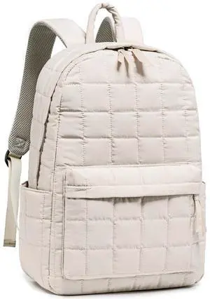 BTOOP Travel Backpack for Women Work Backpack Quilted College Backpacks for School Fit 15.6 Inch Laptop (Beige-Gray)