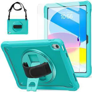 BLOSOMEET Clear Case for iPad A16 11th/10th Generation 11"/10.9" 2025/2022 with Tempered Glass Screen Protector for Kids Student with Stand Hand Strap & Shoulder Strap, Light Blue