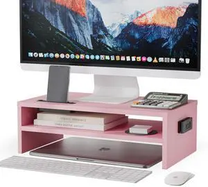 BONTEC Monitor Stand Riser, 2 Tiers Wood Monitor Riser Stand with Storage Organizer, Desktop Ergonomic Monitor Stand Riser with Cellphone Holder and Cable Management, 16.7 Inch Shelf, Pink