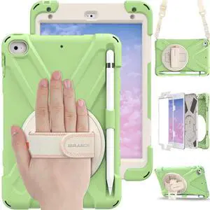 BRAECN for iPad Mini5th Generation Case Kids, iPad Mini 4 Case iPad Cover with Shoulder Strap, 360 Rotatable Hand Strap/Kickstand, Built-in Pencil Holder for iPad Mini 4th/5th Gen- Matcha Green