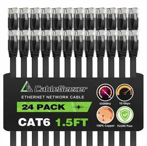 Cat 6 Ethernet Cable 1.5ft (24 Pack) (at a Cat5e Price but Higher Bandwidth) Flat Internet Network Cables - Cat6 Ethernet Patch Cable Short - Black Computer LAN Cable with Snagless RJ45 Connectors