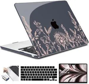 Conbovo Compatible with MacBook Air 13.6 inch A3240 A3113 A2681 Case 2025 2024 2023 2022 M4 M3 M2 Chip, Plastic Hard Shell Case Keyboard Cover Screen Protector Type-C Adapter, Line Flowers