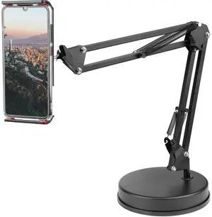 Overhead Phone Mount Stand ChromLives Phone Video Stand Articulating Arm Phone Mount Table Top with Base Adjustable 360deg Cell Phone Tablet Holder Mount Desktop Compatible with Phones, Tablets, iPad
