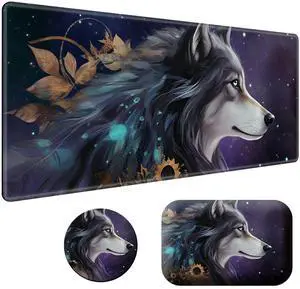 BPQOJB Laptop Mouse Pad 27.5 x 11.8 inch & Small Wrist Rests with Coasters and Galaxy Cute Wolf Printed Design Ergonomic Mouse Pad with Wrist Rest Memory Foam for Easy Typing Pain Relief
