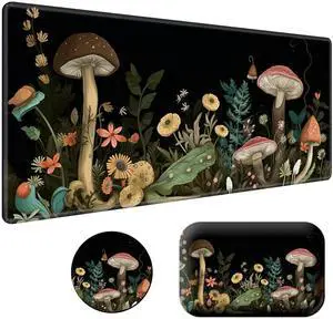 BPQOJB Laptop Mouse Pad 27.5 x 11.8 inch & Small Wrist Rests with Coasters and Mushroom and Flower Printed Design Ergonomic Mouse Pad with Wrist Rest Memory Foam for Easy Typing Pain Relief