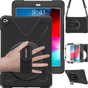 BRAECN for iPad Air 2 Case 9.7 Inch,iPad 2th Generation(2014 Released),Hybrid Shockproof Rugged Case with Kickstand&360 Rotatable Hand Strap for Apple iPad Air 2 Case Kids(A1566 A1567)-Black
