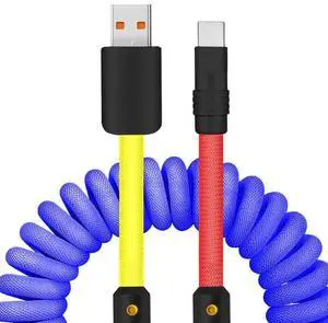 chubbycable Curly Chubby - 240W Coiled USB C Cable Spring Retractable Fast Charging Cable for Car Compatible with CarPlay, Android Auto, Blue+Yellow+Red, USB-A to Type-C, 2.29FT-3.6FT
