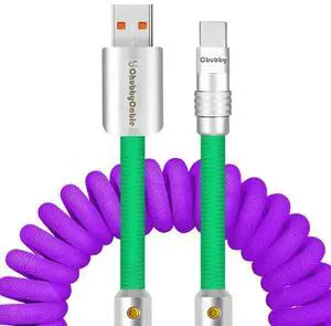 chubbycable Curly Chubby - 240W Coiled USB C Cable Spring Retractable Fast Charging Cable for Car Compatible with CarPlay, Android Auto, Purple and Green, USB-A to Type-C, 2.29FT-3.6FT