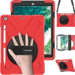 BRAECN for iPad 9.7 Inch Case with Pencil Holder, [Rotating Kickstand/Handle Hand Strap] [Carrying Shoulder Strap] Heavy Duty Shockproof Childproof Case for iPad 9.7 Inch A1893 A1954 2018 -Red