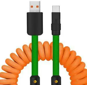 chubbycable Curly Chubby - 240W Coiled USB C Cable Spring Retractable Fast Charging Cable for Car Compatible with CarPlay, Android Auto, Orange+Green, USB-A to Type-C, 2.29FT-3.6FT