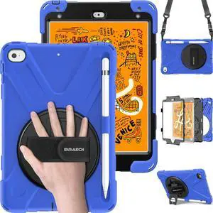 BRAECN for iPad mini 4 Case, iPad mini 5th Generation Kid Case with Hand Strap/360 Rotating Kickstand/Pencil Holder/Shoulder Strap for iPad mini 5/Mini 4 -Blue