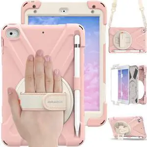 BRAECN for iPad Mini 5th Generation Case, iPad Mini 4 Case for Kids with Pencil Holder, Hand Strap, Shoulder Strap, Kickstand for Apple iPad Mini 5th Gen /4th Gen-Sakura Pink