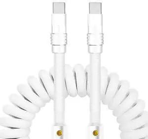 chubbycable Curly Chubby - 240W Coiled USB C Cable Spring Retractable Fast Charging Cable for Car Compatible with CarPlay, Android Auto, White, Type-C to Type-C, 2.29FT-3.6FT