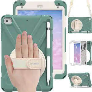 BRAECN for iPad mini 5 Case Kids,iPad mini 4th Gen Rugged Case with Swivel Kickstand, Adjustable Hand Strap, Built-in Pencil Holder, Shoulder Strap for iPad mini 5th Generation 7.9'' -Emerald Green