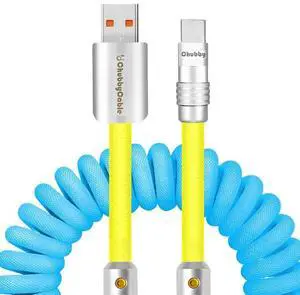 chubbycable Curly Chubby - 240W Coiled USB C Cable Spring Retractable Fast Charging Cable for Car Compatible with CarPlay, Android Auto, Blue+Yellow, USB-A to Type-C, 2.29FT-3.6FT