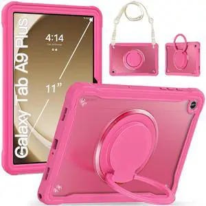 BRAECN Case for Samsung Galaxy Tab A9+ 11 inch (SM-X210/X216/X218) 2023 Shockproof Rugged Protective Cover with Pencil Holder/Rotate Stand/Shoulder Strap for Galaxy Tab A9 Plus Tablet, Rose Red