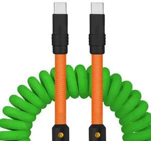 chubbycable Curly Chubby - 240W Coiled USB C Cable Spring Retractable Fast Charging Cable for Car Compatible with CarPlay, Android Auto, Green+Orange, Type-C to Type-C, 2.29FT-3.6FT