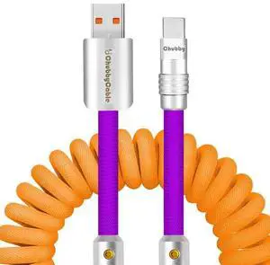 chubbycable Curly Chubby - 240W Coiled USB C Cable Spring Retractable Fast Charging Cable for Car Compatible with CarPlay, Android Auto, Orange and Purple, USB-A to Type-C, 2.29FT-3.6FT